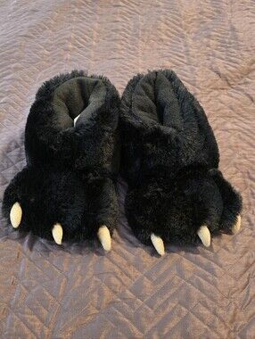 Lazy One Black Plush Bear Paw Kids Slippers with Cream Claws